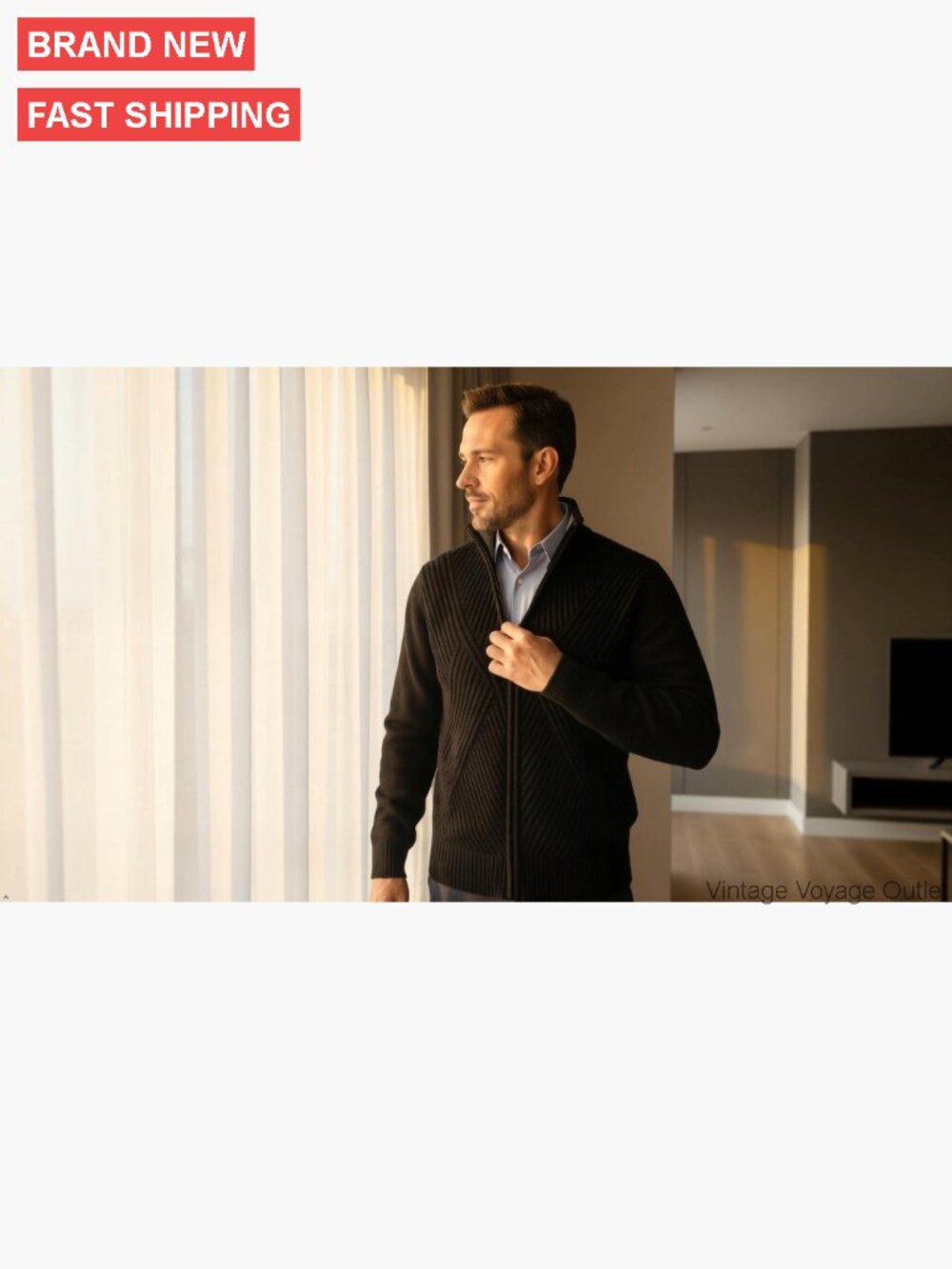 Men's Full Zip Cardigan Sweater Stand Collar Knitted Fleece Lined Pockets - Picture 7 of 7